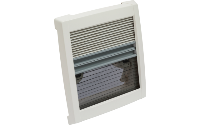 Weißes rechteckiges Kunststoffgitter mit horizontalen Lamellen und dunkler transparenter unterer Blende