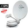 Weiße Satellitenschüssel mit GPS-Symbol und Text auf weißem Hintergrund