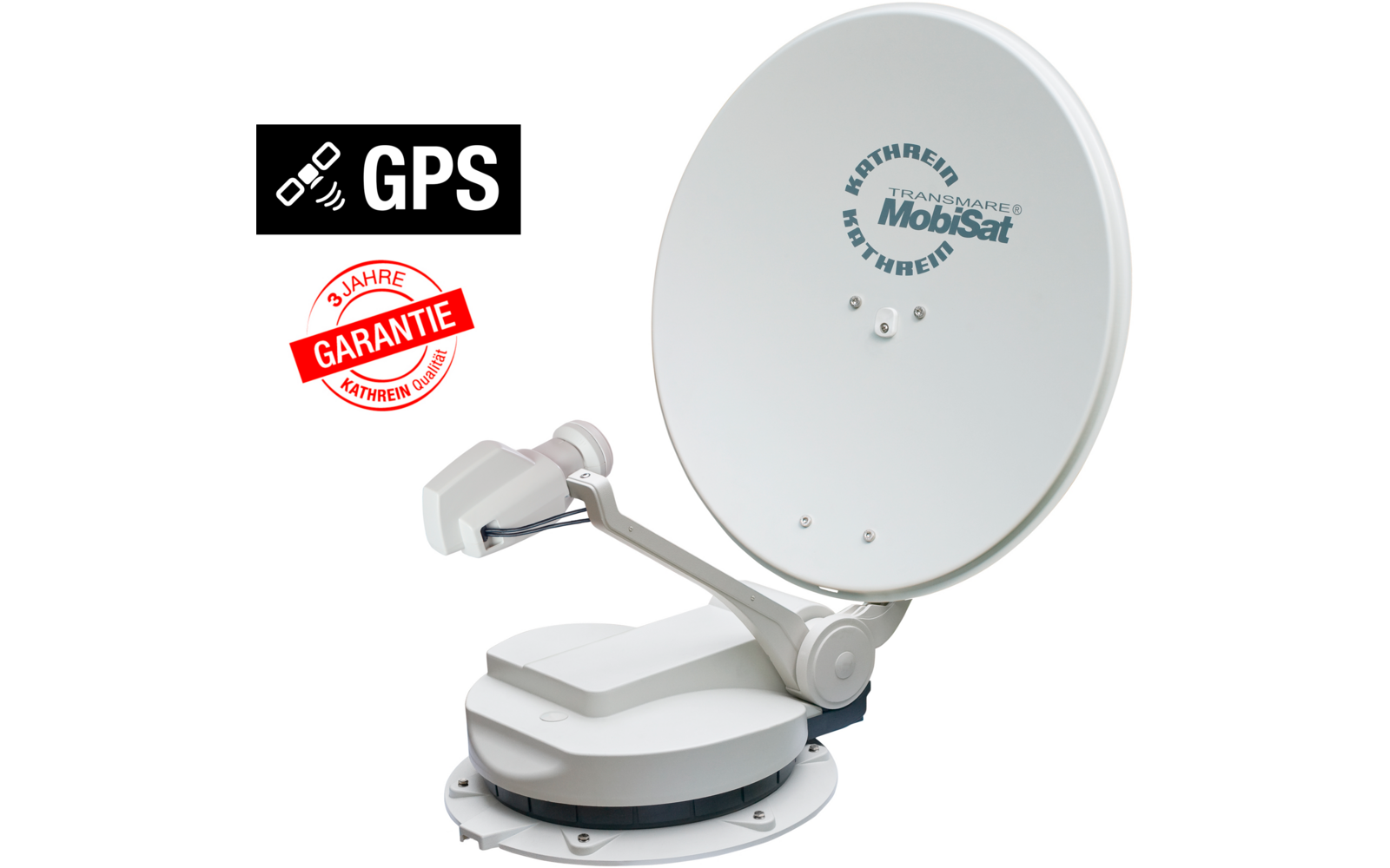 Weiße Satellitenschüssel mit GPS-Symbol und Text auf weißem Hintergrund