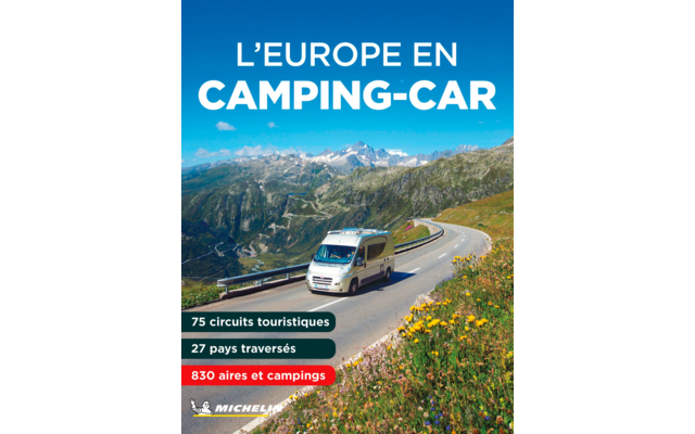 Campingbus fährt auf einer kurvigen Bergstraße mit Alpen im Hintergrund und blühenden Wiesen