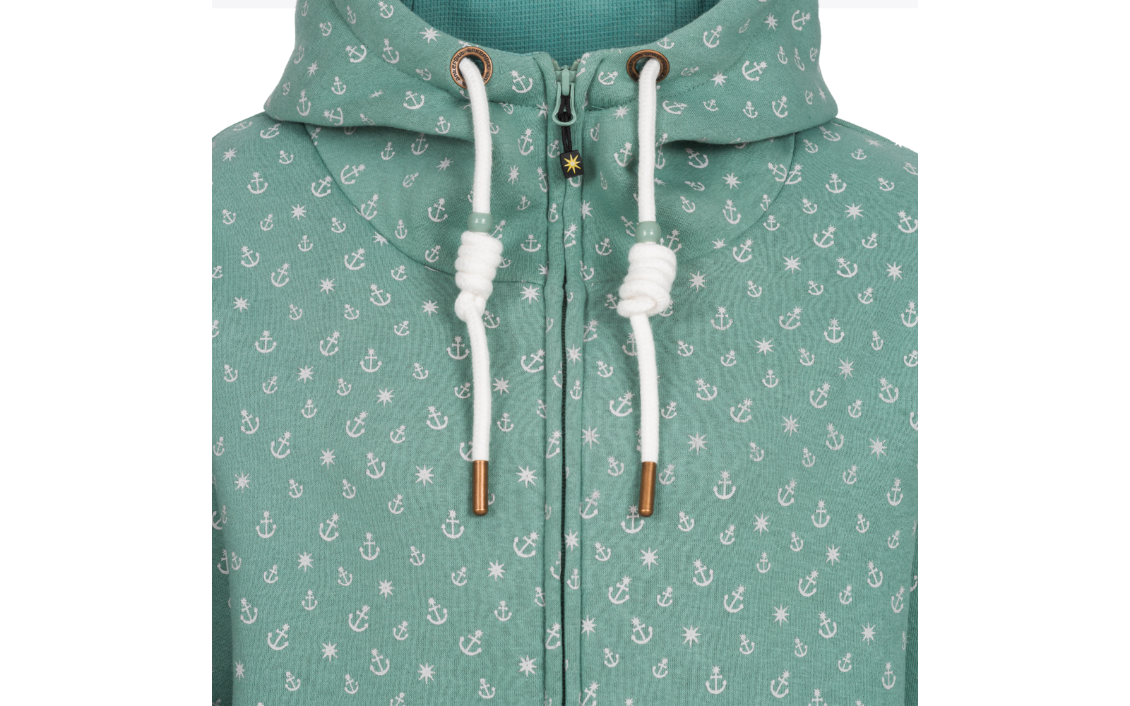 Grüner Kapuzenpullover mit weißem Muster und weißen Kordeln am Kragen