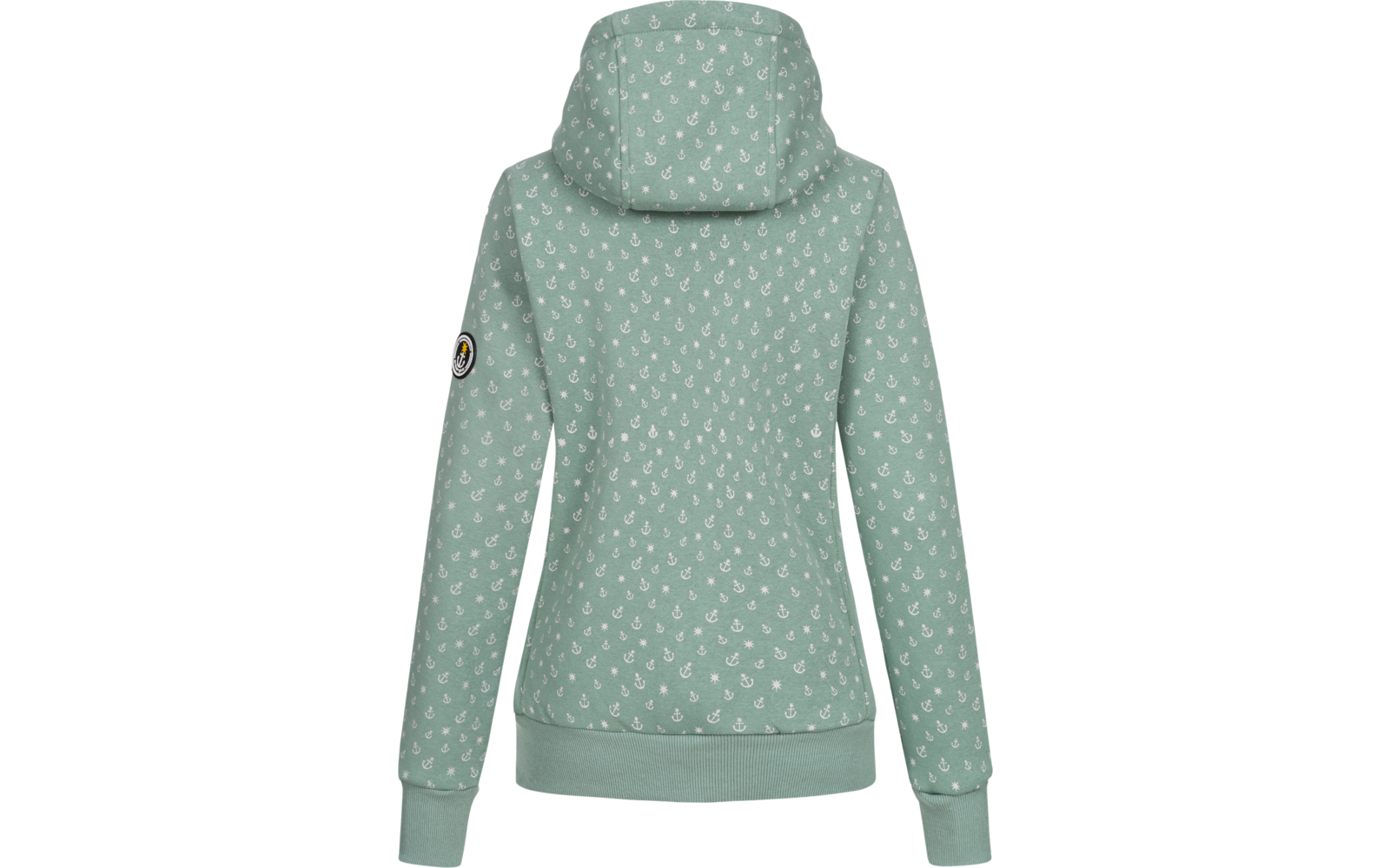 Grünblaue Kapuzenjacke mit weißen Punkten, Rückansicht