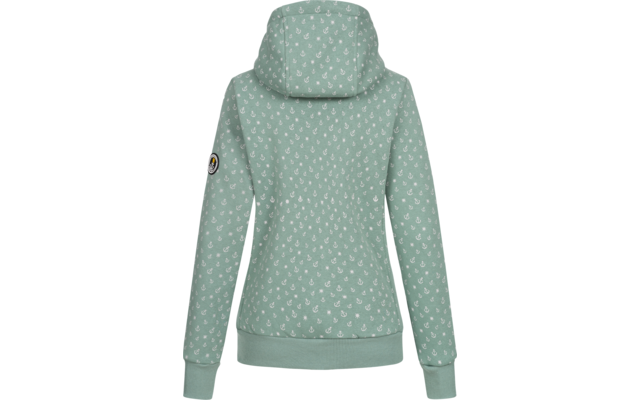 Grünblaue Kapuzenjacke mit weißen Punkten, Rückansicht