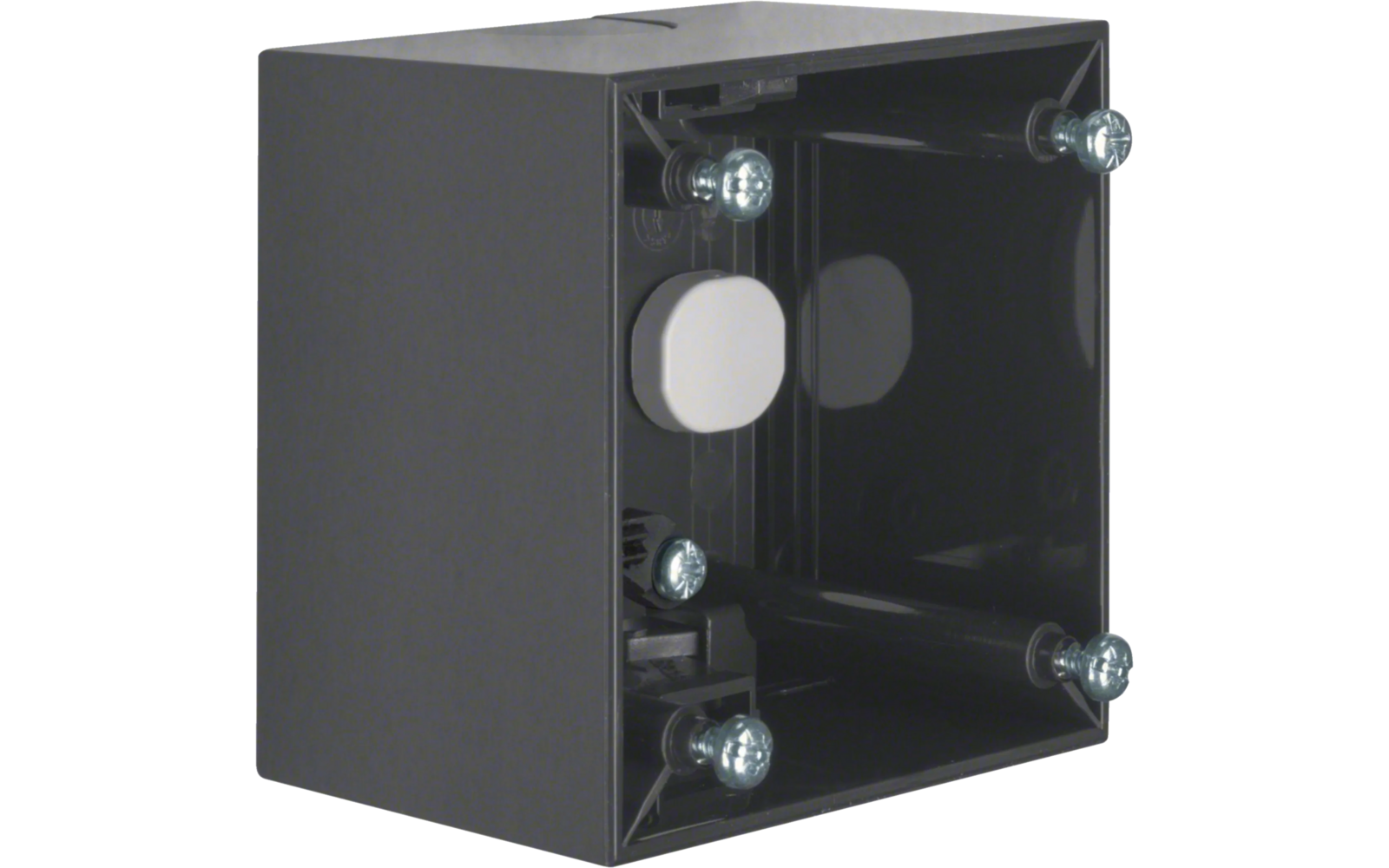 Eine schwarze Kunststoff-Einbaudose mit vier Schraubenlöchern