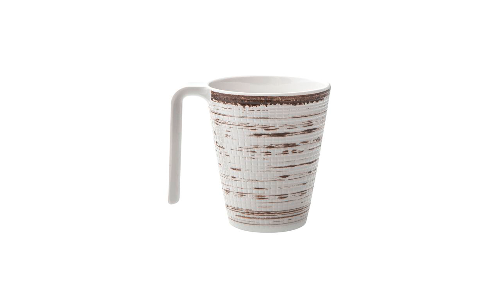 Weiße Keramiktasse mit unregelmäßigen braunen horizontalen Streifen und linksseitigem Griff