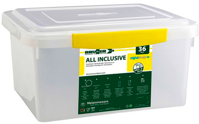 Transparente rechteckige Kunststoffbox mit weißem Deckel, gelber Verschlussklappe und grünem Etikett mit der Aufschrift ALL INCLUSIVE und 36
