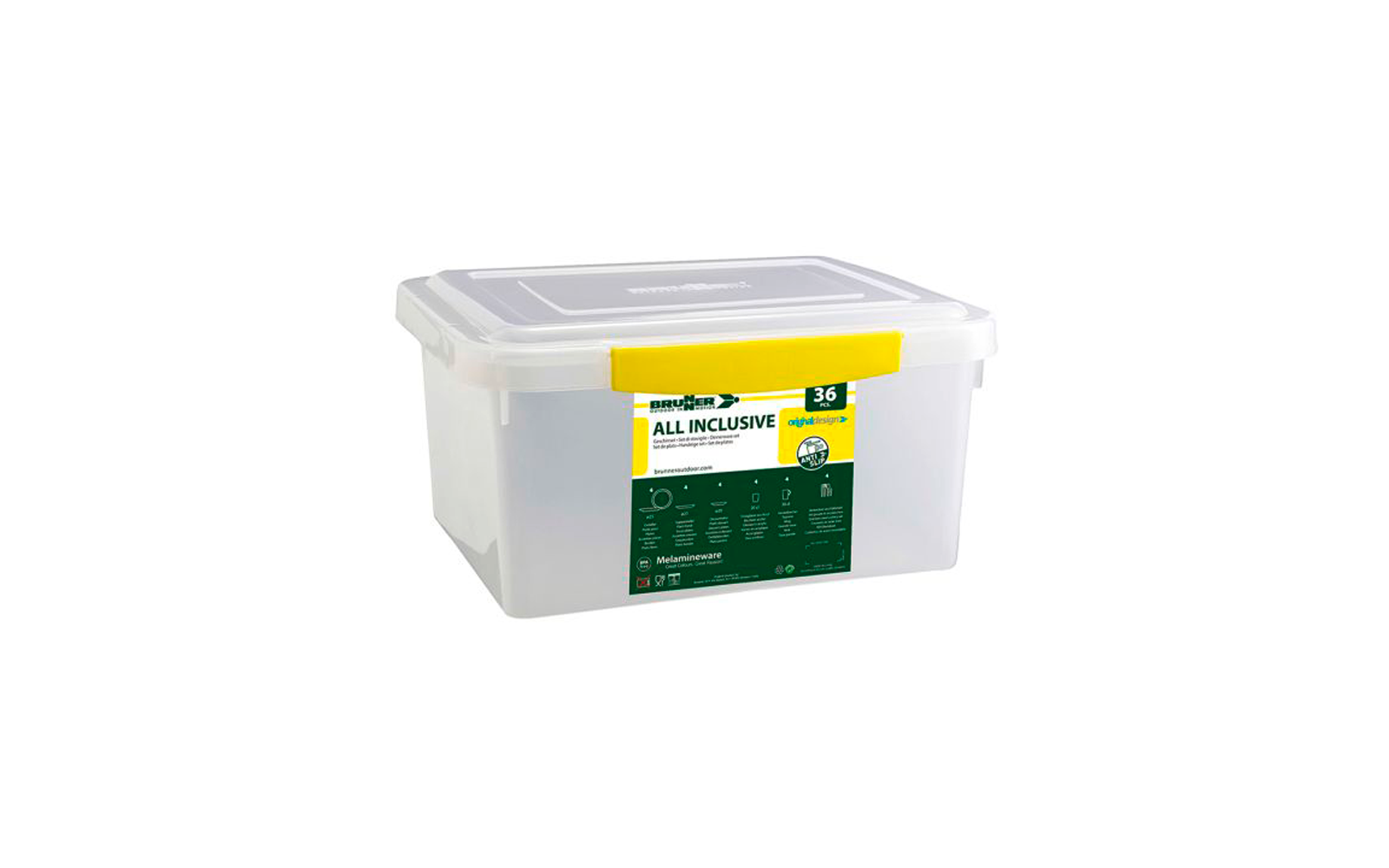 Transparente rechteckige Kunststoffbox mit weißem Deckel, gelber Verschlussklappe und grünem Etikett mit der Aufschrift ALL INCLUSIVE und 36