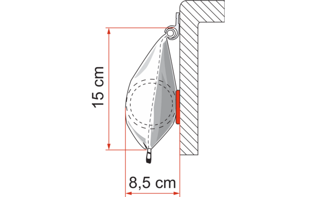 Seitenansicht eines hängenden, tropfenförmigen Objekts mit Öse oben und Reißverschlusszug am Boden, innen gestrichelter Kreis. Rechts Wandquerschnitt mit Wandhalter und roten Markierungen. Maße: Höhe 15 cm, Breite 8,5 cm