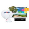 Antenne parabolique avec logo ALDEN, téléviseur affichant un paysage (arbre, route, ciel), récepteur avec logo ALDEN et affichage, icônes d'information colorées à côté du téléviseur