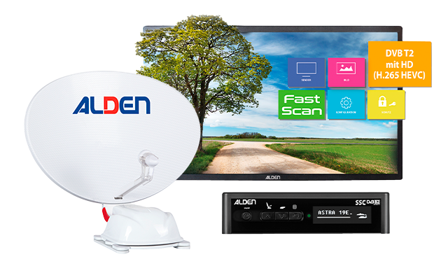 Antenne parabolique avec logo ALDEN, téléviseur affichant un paysage (arbre, route, ciel), récepteur avec logo ALDEN et affichage, icônes d'information colorées à côté du téléviseur