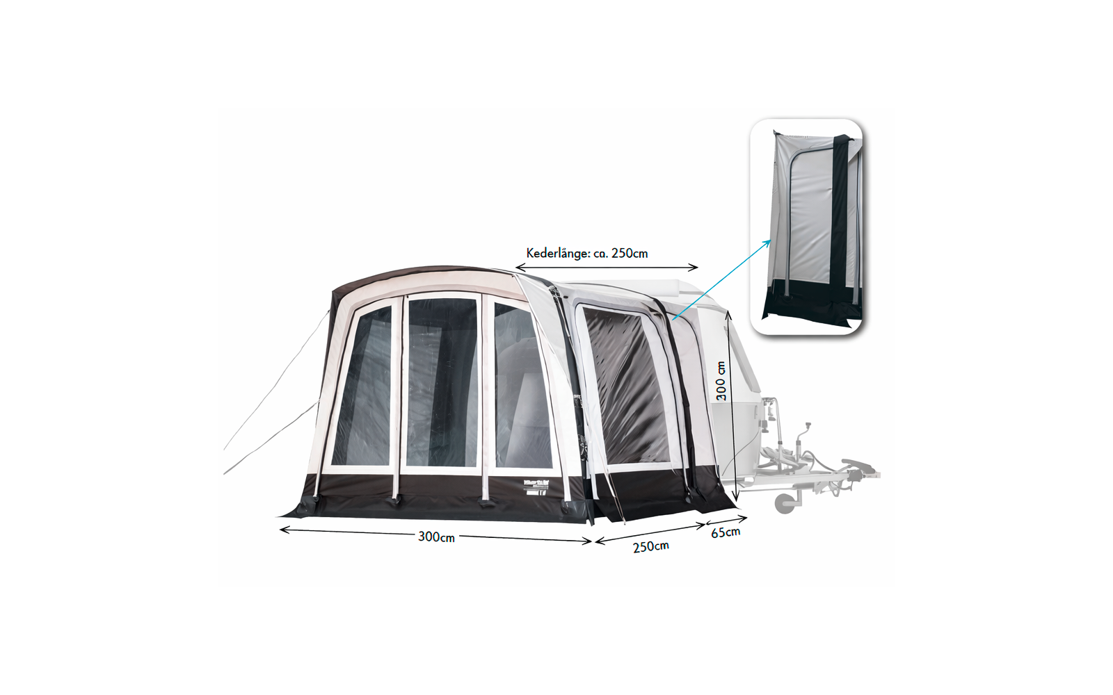 Hellgraue aufblasbare Struktur, an einer Anhängerkupplung befestigt, mit vier hohen Klarsichtfenstern und schwarzem Unterteil; Maßpfeile und Beschriftung "Kederlänge: ca. 250cm" sichtbar; kleines Einzelfoto zeigt das Zusammengelegte in einer schmalen