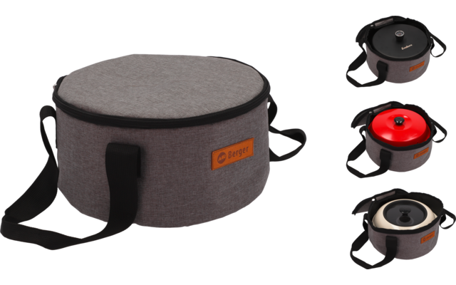 Sac rond gris avec sangle noire et trois petites casseroles rondes de camping en noir, rouge et argent