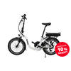 A white e-bike with a black battery and front and rear wheels, standing on a kickstand