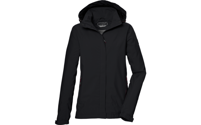 Chaqueta negra con capucha, cremallera frontal cubierta y dos bolsillos laterales con cremallera con tiradores rojos