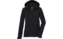 Chaqueta negra con capucha, cremallera frontal cubierta y dos bolsillos laterales con cremallera con tiradores rojos