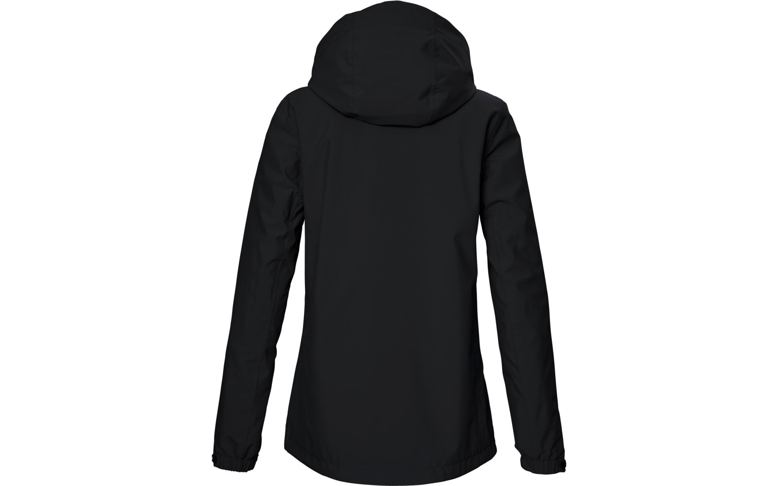 Chaqueta negra con capucha, vista trasera, mangas largas, superficie lisa, sin patrones ni logotipos visibles