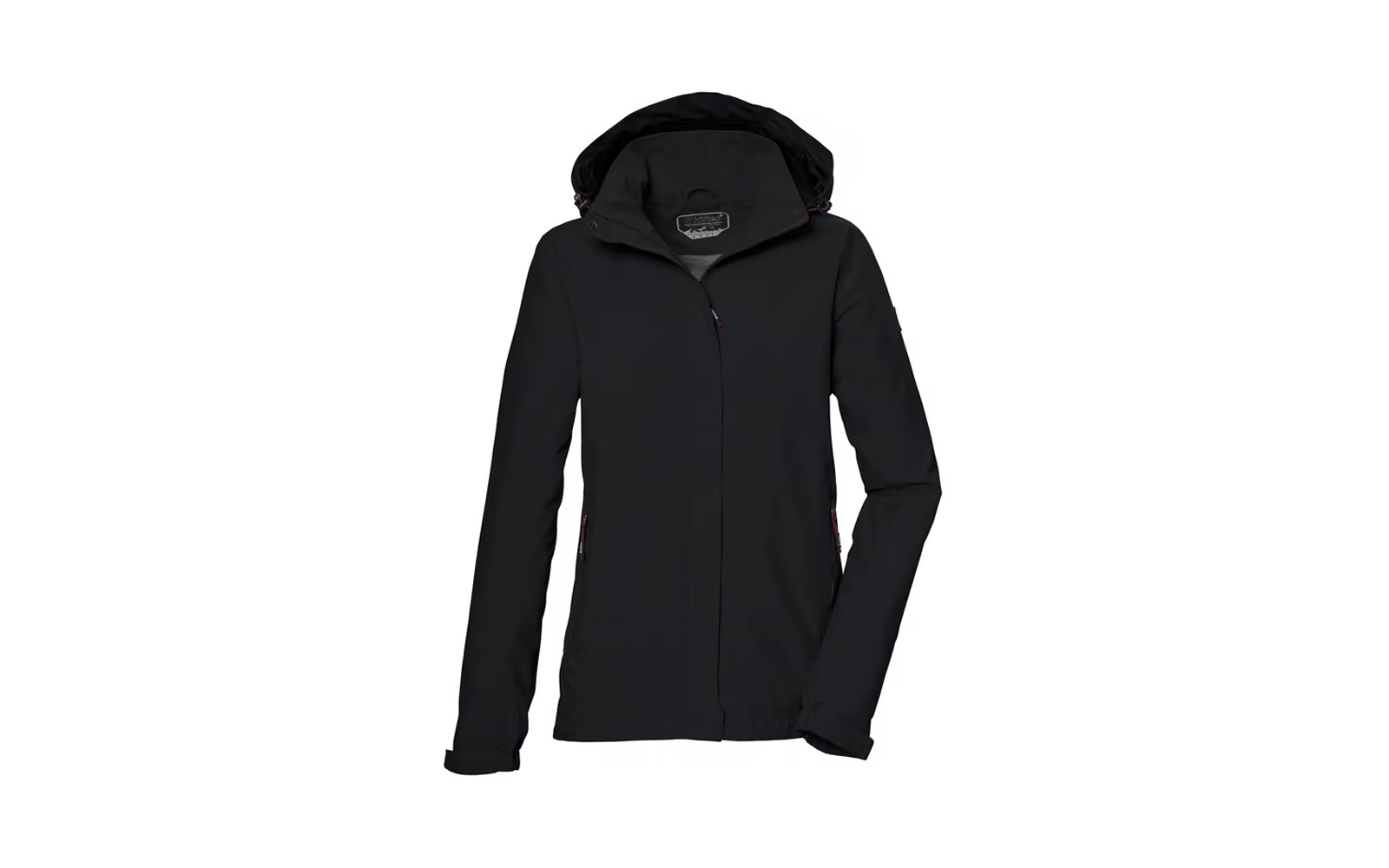 Schwarze Kapuzenjacke mit verdecktem Frontreißverschluss und seitlichen Reißverschlusstaschen