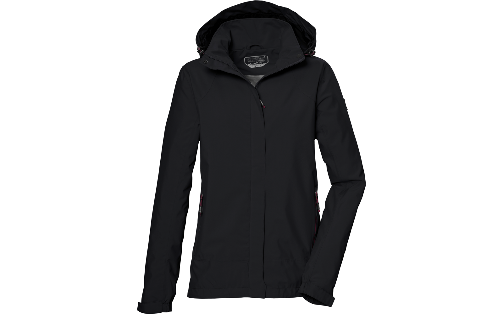 Chaqueta negra con capucha, cremallera frontal cubierta y dos bolsillos laterales con cremallera con tiradores rojos