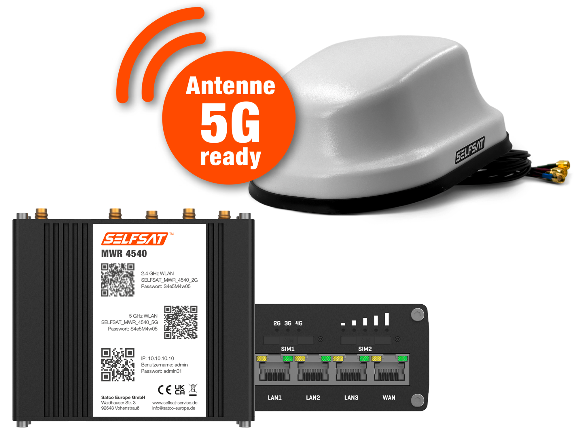 Set router Internet 4G / LTE e Wifi Selfsat MWR 4550 fino a 300 Mbps con antenna da tetto per 4G / 5G - Berger Camping