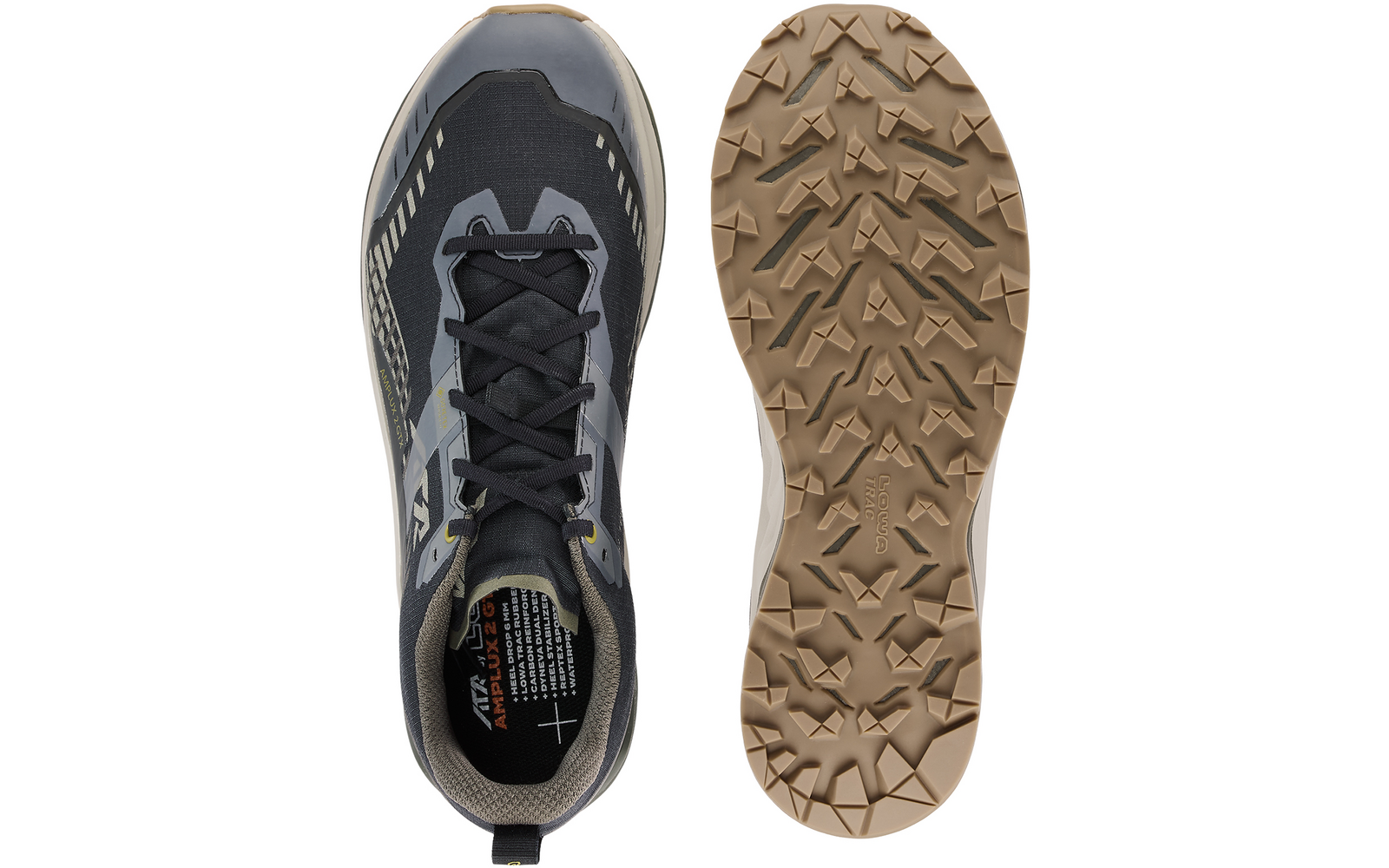 Obere Ansicht eines schwarzen Sportschuhs und Ansicht der Sohle in Braun