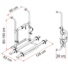 Dessin technique : deux rails longitudinaux parallèles, deux barres verticales courbées avec crochets en haut, sangles sur les rails, supports latéraux ; dimensions en centimètres : 128, 63, 60, 80-150, 30