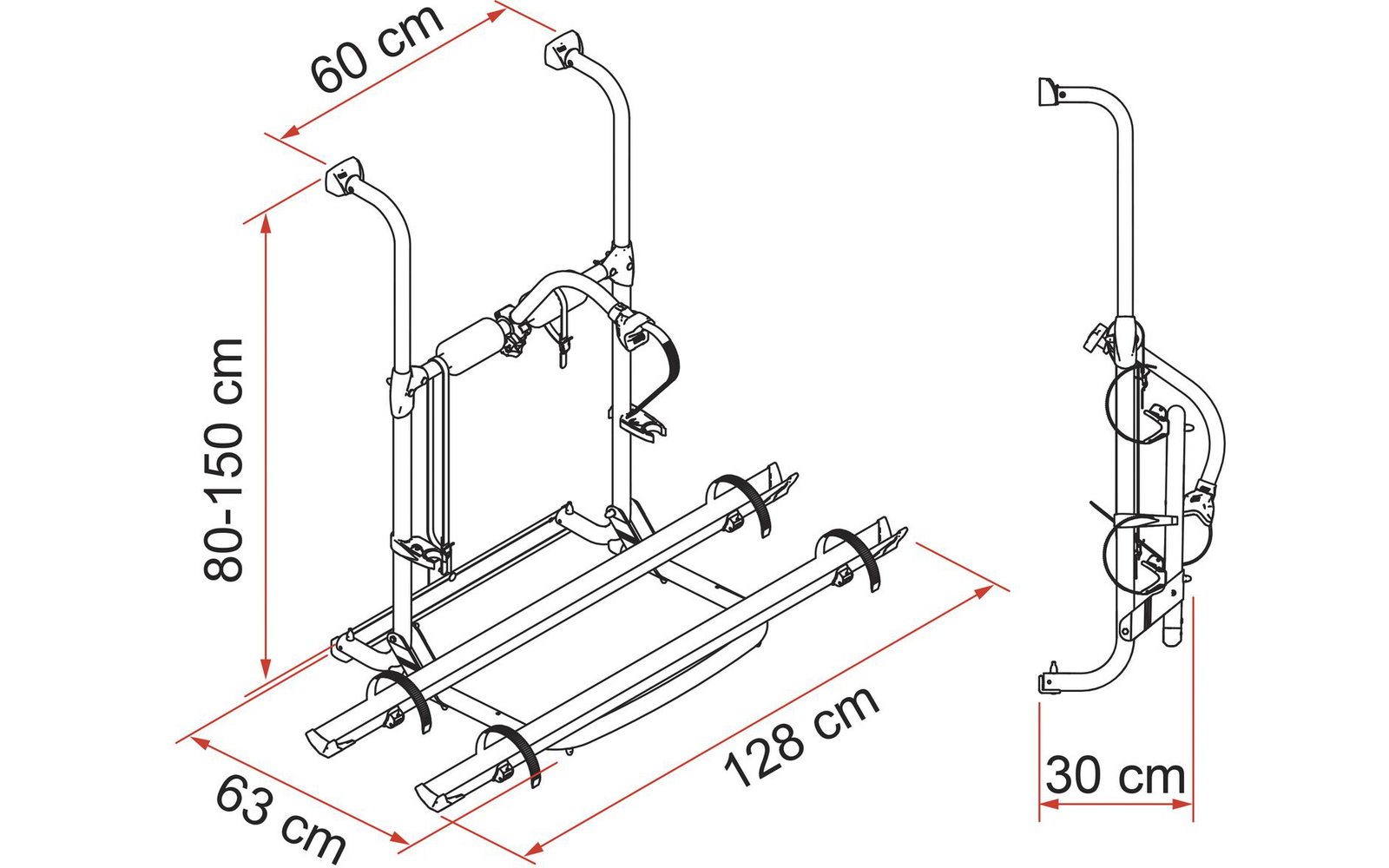 Dessin technique : deux rails longitudinaux parallèles, deux barres verticales courbées avec crochets en haut, sangles sur les rails, supports latéraux ; dimensions en centimètres : 128, 63, 60, 80-150, 30