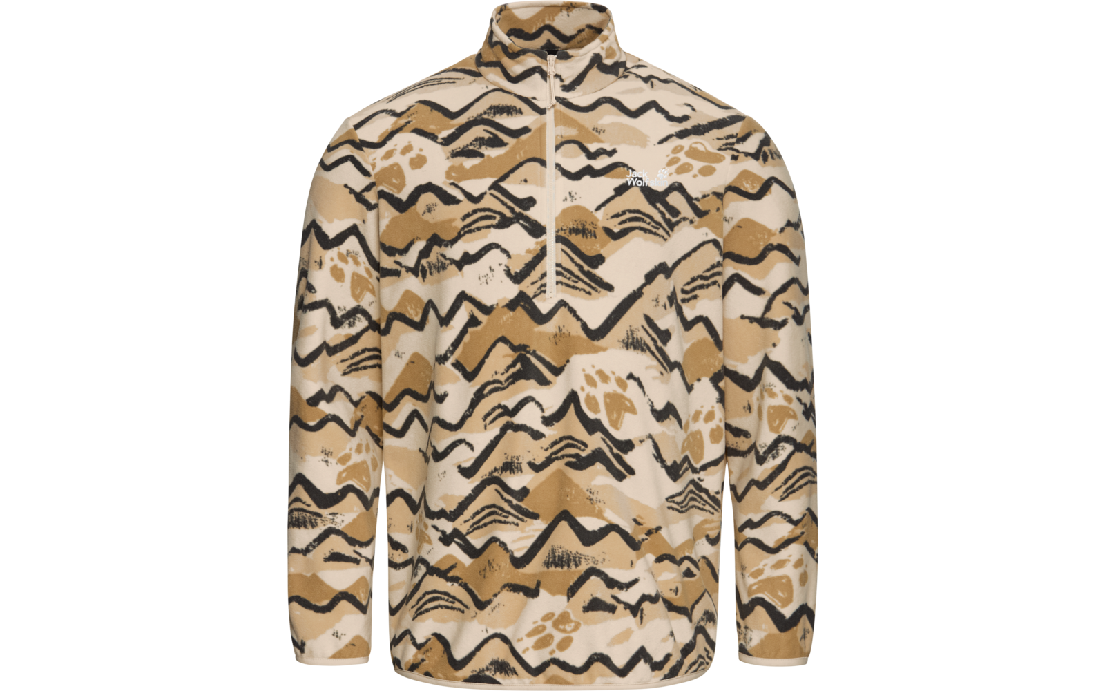 Beiger Langarmpullover mit Stehkragen und kurzem Reißverschluss, bedruckt mit braun-schwarzen wellenförmigen und punktierten Mustern