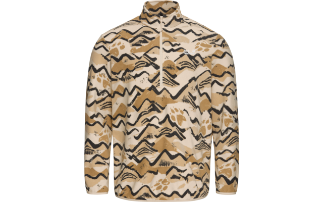 Beiger Langarmpullover mit Stehkragen und kurzem Reißverschluss, bedruckt mit braun-schwarzen wellenförmigen und punktierten Mustern