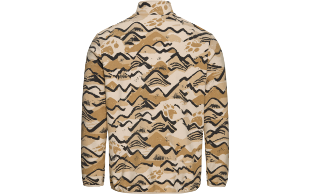 Rückansicht einer Jacke mit langen Ärmeln und Stehkragen. Hellbeige Grundfarbe mit schwarzen und dunkelbraunen gebogenen Linien und Flecken