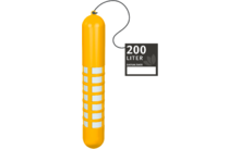 Yellow cylindrical object with a valve at the top, a black hose leading to a black tag reading '200 LITER', a 'DATUM/DATE' field and a leaf icon; white rectangular panels along the side