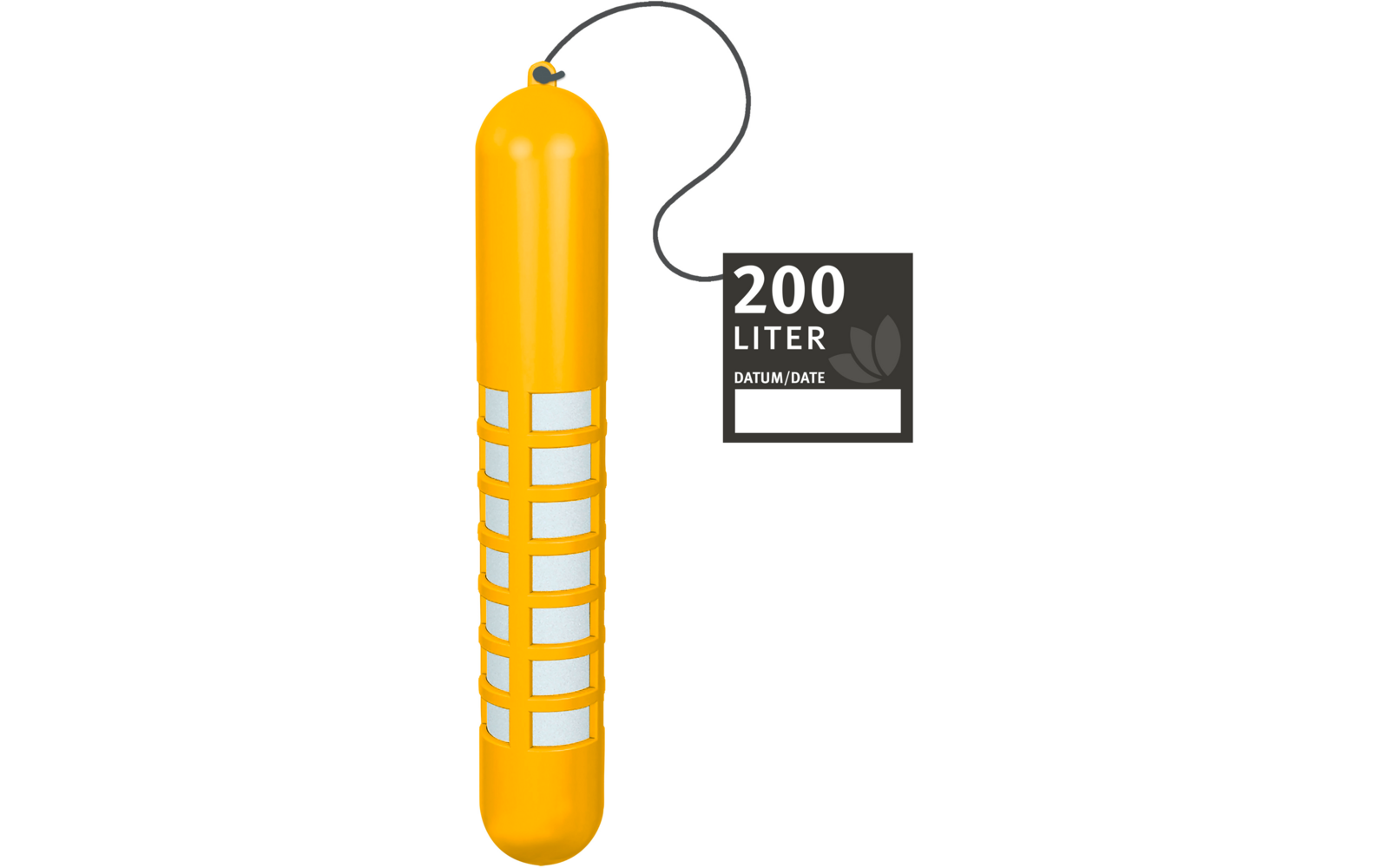 Yellow cylindrical object with a valve at the top, a black hose leading to a black tag reading '200 LITER', a 'DATUM/DATE' field and a leaf icon; white rectangular panels along the side
