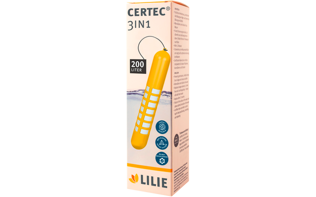 Cardboard box labeled CERTEC 3IN1 and 200 LITER, depiction of a yellow elongated rod with white square pattern, waves at the bottom, brand name LILIE and text on the side panel