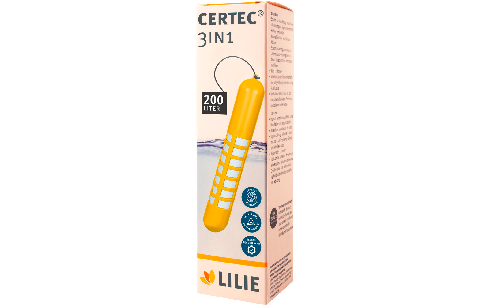 Cardboard box labeled CERTEC 3IN1 and 200 LITER, depiction of a yellow elongated rod with white square pattern, waves at the bottom, brand name LILIE and text on the side panel