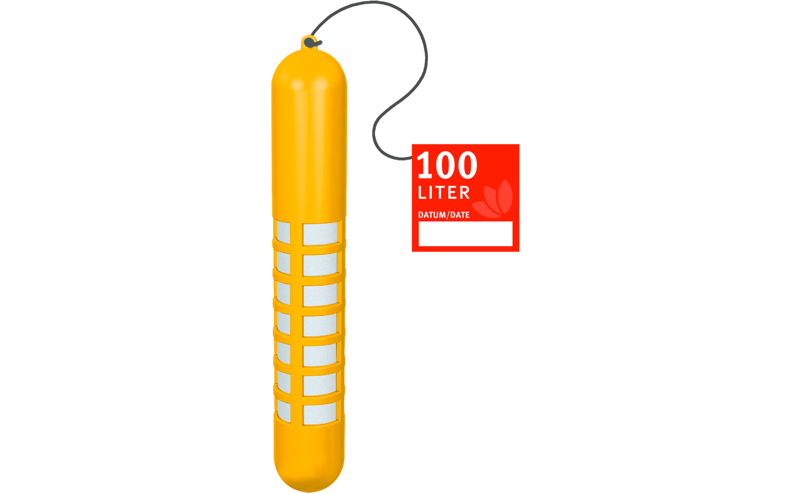 Yellow cylindrical body with white grid strips, black loop at top, and red tag reading 100 LITER and DATUM/DATE