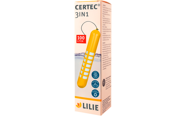 Packaging with the text "CERTEC 3IN1", image of a yellow cylindrical stick with white squares, red label "100 LITER", water line and splash, brand name "LILIE" with lily logo