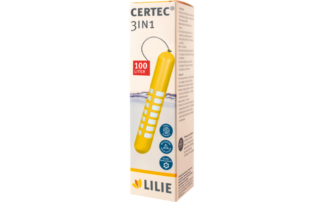 Verpackung mit Schriftzug "CERTEC 3IN1", Abbildung eines gelben zylindrischen Stabs mit weißen Feldern, rotes Schild "100 LITER", Wasserlinie und -spritzer, Markenname "LILIE" mit Lilien-Logo