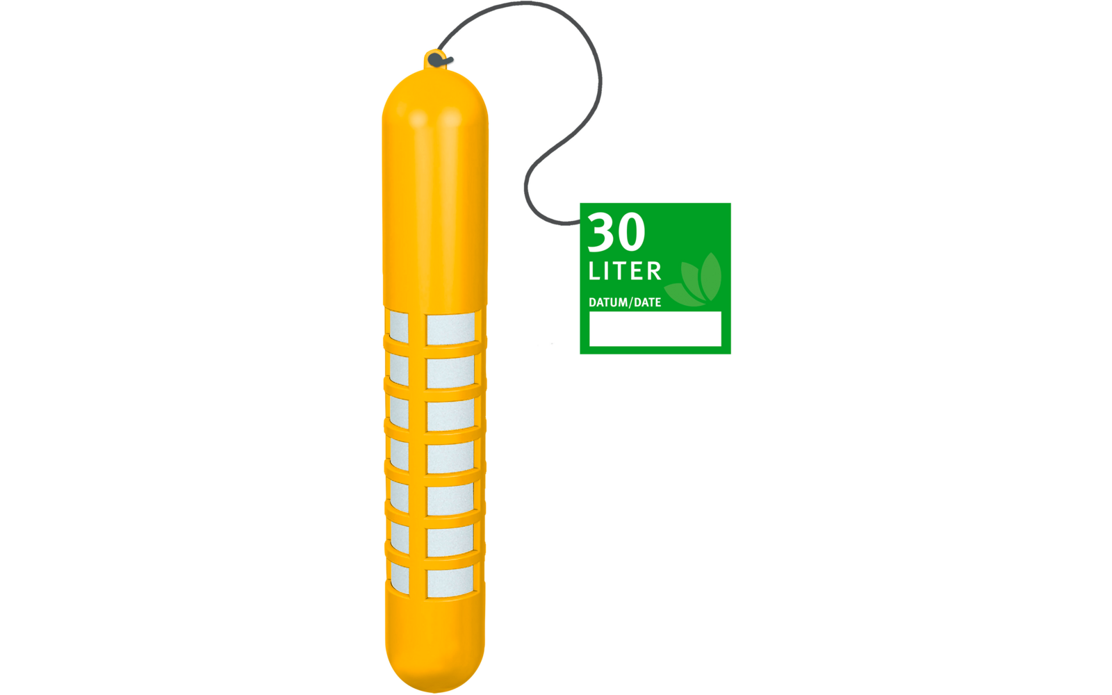 Yellow elongated cylinder with several white rectangular insets, gray cord/loop at the top, green sign on the right with white text '30 LITER', a 'DATUM/DATE' field and a leaf symbol