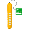 Yellow elongated cylinder with several white rectangular insets, gray cord/loop at the top, green sign on the right with white text '30 LITER', a 'DATUM/DATE' field and a leaf symbol
