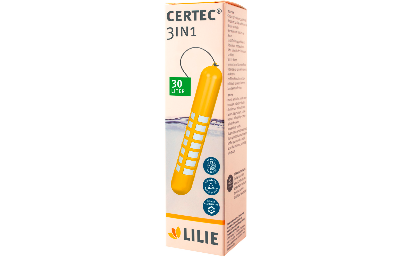 Front of a light pink product box labeled "CERTEC 3IN1", illustration of a yellow cylindrical object with grid pattern and a black loop, green label "30 LITER", logos and the text "LILIE" at the bottom