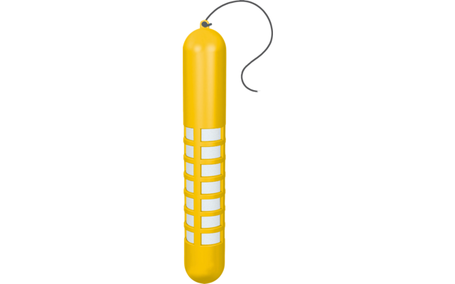 Gelber länglicher Zylinder mit mehreren weißen rechteckigen Einsätzen, oben graues Kabel/Schlaufe, rechts grünes Schild mit weißer Aufschrift '30 LITER', Feld 'DATUM/DATE' und Blatt-Symbol