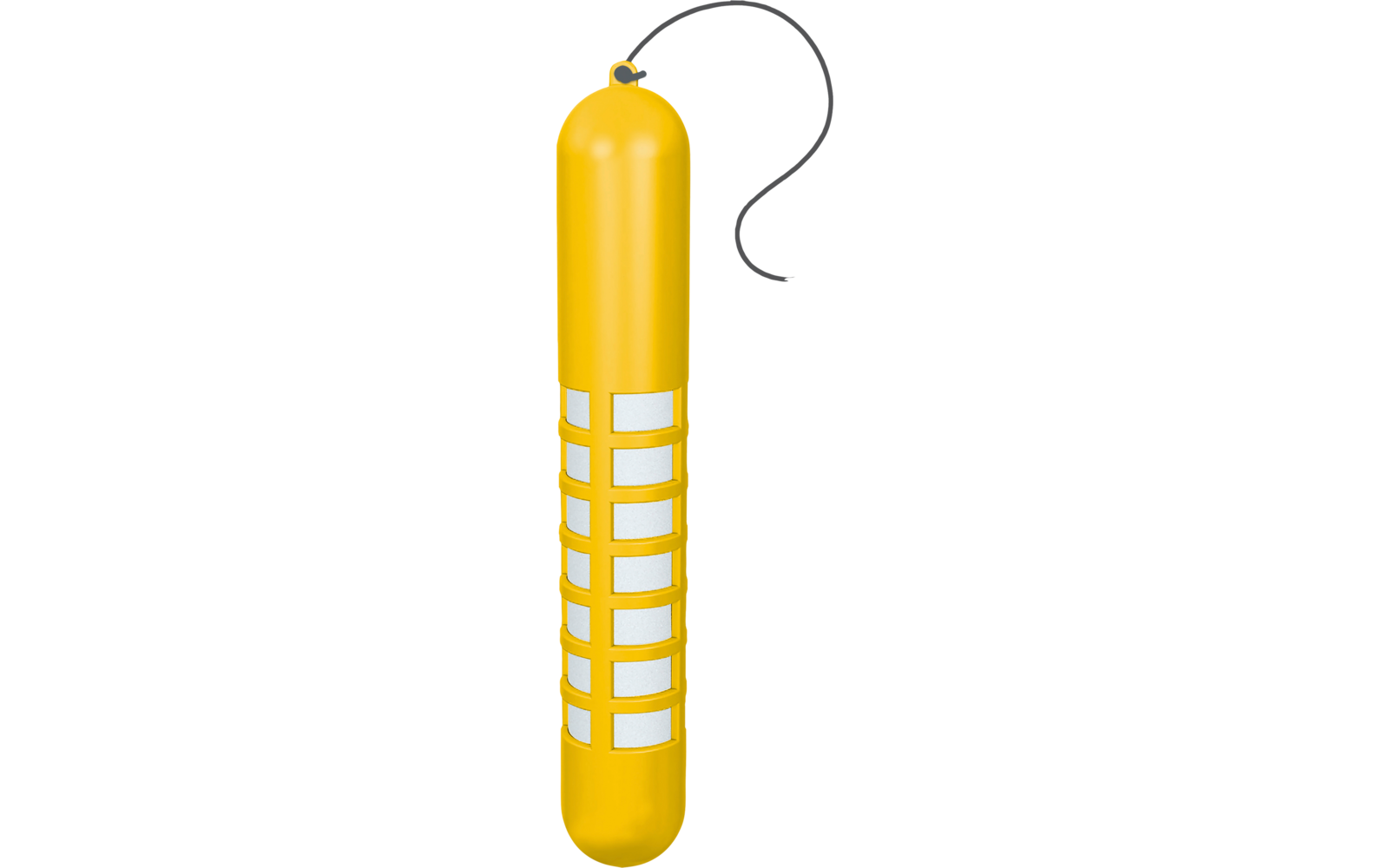 Gelber länglicher Zylinder mit mehreren weißen rechteckigen Einsätzen, oben graues Kabel/Schlaufe, rechts grünes Schild mit weißer Aufschrift '30 LITER', Feld 'DATUM/DATE' und Blatt-Symbol