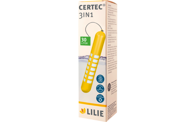 Vorderseite einer hellrosa Produktverpackung mit Aufschrift "CERTEC 3IN1", Illustration eines gelben zylindrischen Objekts mit Gittermuster und schwarzer Öse, grünes Label "30 LITER", Logos und Schriftzug "LILIE" unten
