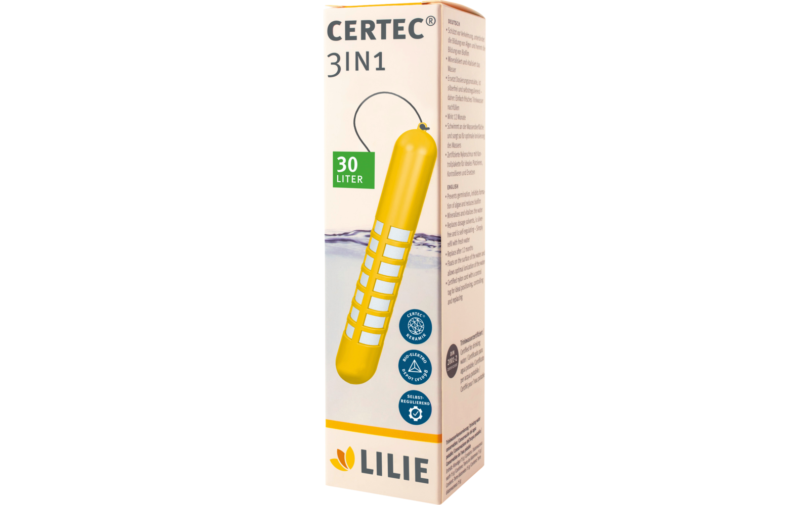 Vorderseite einer hellrosa Produktverpackung mit Aufschrift "CERTEC 3IN1", Illustration eines gelben zylindrischen Objekts mit Gittermuster und schwarzer Öse, grünes Label "30 LITER", Logos und Schriftzug "LILIE" unten
