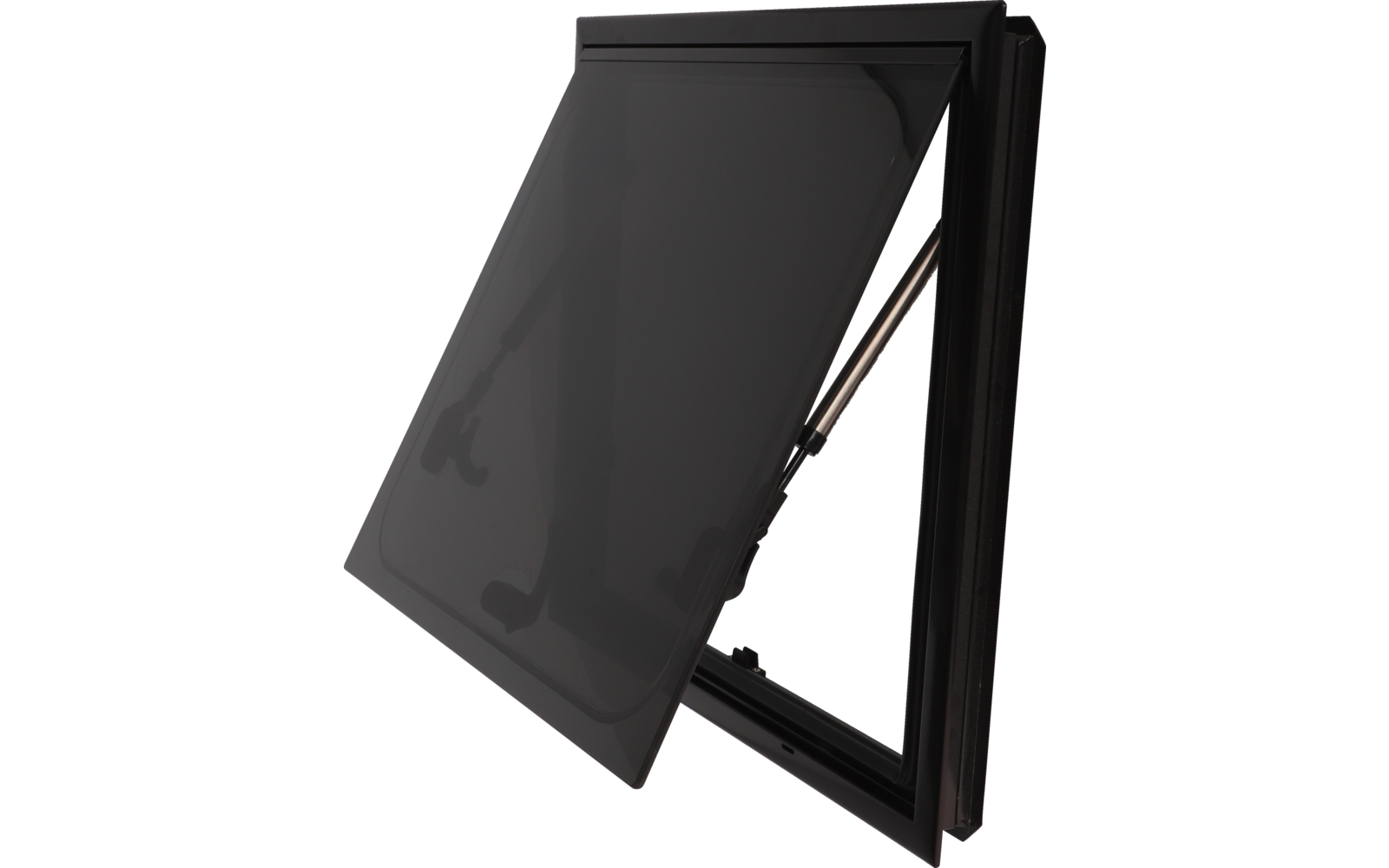 Schwarzes rechteckiges Fenster mit geöffnetem Flügel, sichtbarem Metallrahmen und Scharnier
