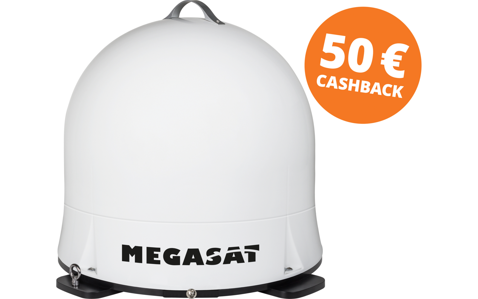 Appareil blanc en forme de dôme avec poignée métallique sur le dessus, base noire et inscription « MEGASAT » à l'avant ; autocollant rond orange en haut à droite portant le texte « 50 € CASHBACK »
