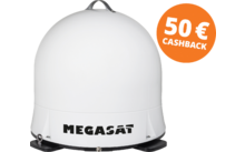 Weißes kuppelförmiges Gerät mit Metallgriff oben, schwarzer Grundplatte und Schriftzug „MEGASAT“ vorne; orangefarbener runder Aufkleber rechts oben mit Text „50 € CASHBACK“
