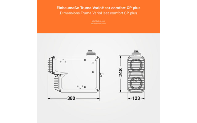 Technische Zeichnung: zwei schematische Ansichten eines rechteckigen Bauteils mit Maßangaben 380 mm, 248 mm, 123 mm; orange Kopfzeile 'Einbaumaße Truma VarioHeat comfort CP plus'