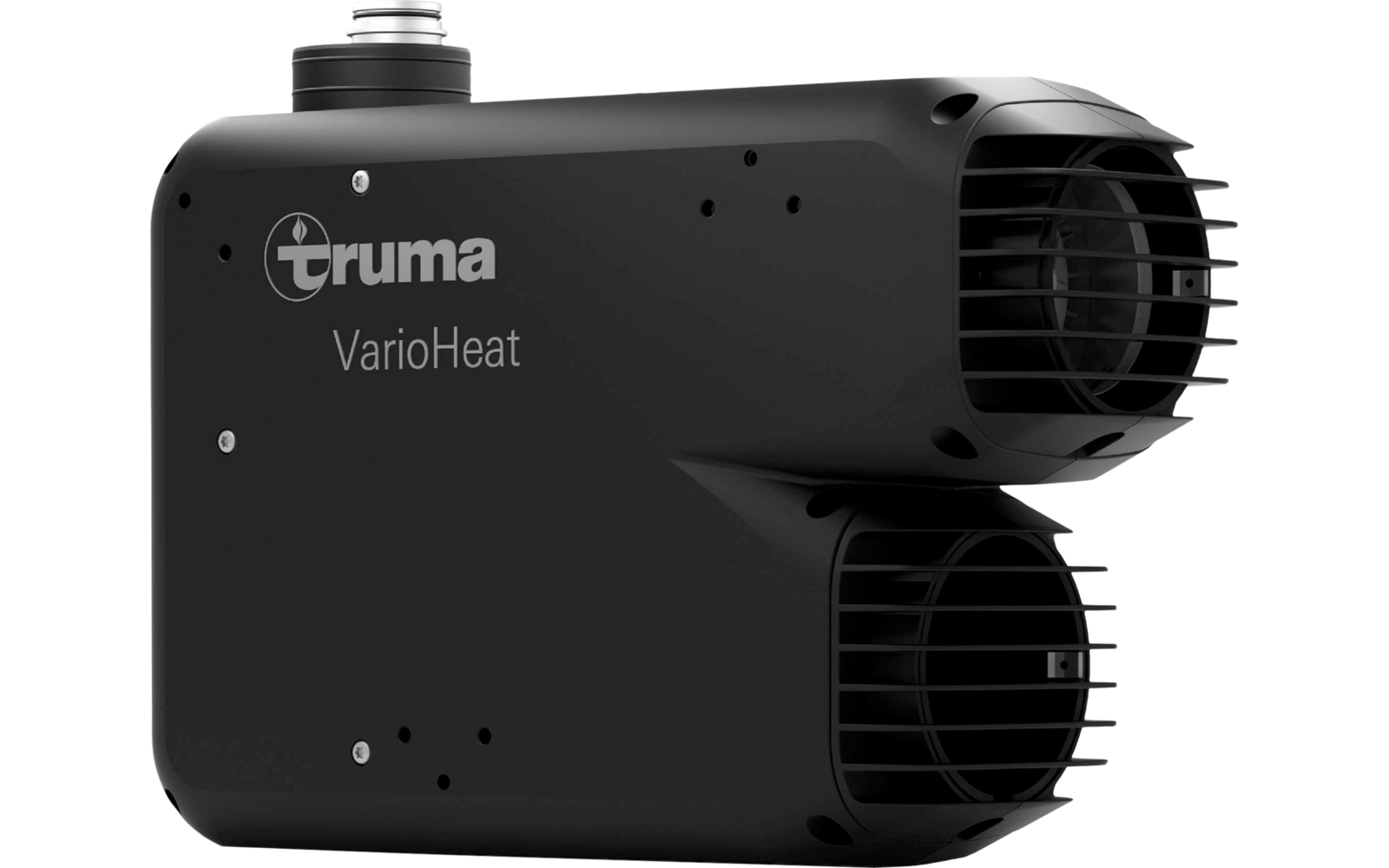 Schwarzes rechteckiges Gehäuse mit zwei runden Lüftungsgittern rechts, Markenlogo 'truma VarioHeat' links, sichtbare Schraubverbindung oben, weißer Hintergrund