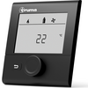 Schwarzes rechteckiges Bediengerät mit Truma-Logo oben links, Display mit drei Symbolen (Flamme, Gasflasche, Ventilator) und der Anzeige '22 °C'. Unter dem Display ein großes Drehrad und eine Taste mit Pfeil nach links