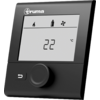 Schwarzes rechteckiges Bediengerät mit Truma-Logo oben links, Display mit drei Symbolen (Flamme, Gasflasche, Ventilator) und der Anzeige '22 °C'. Unter dem Display ein großes Drehrad und eine Taste mit Pfeil nach links